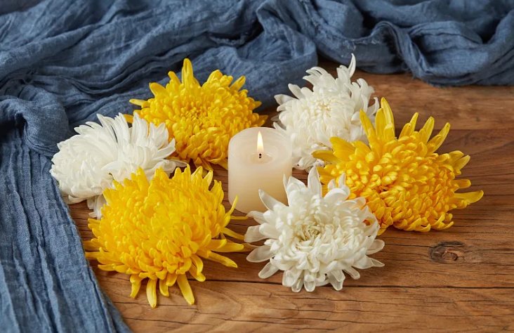 White and yellow chrysanthemums with candle